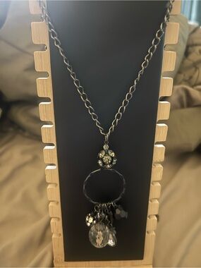 NY Collection Black and Gunmetal Pendant Necklace with Crystal Drops